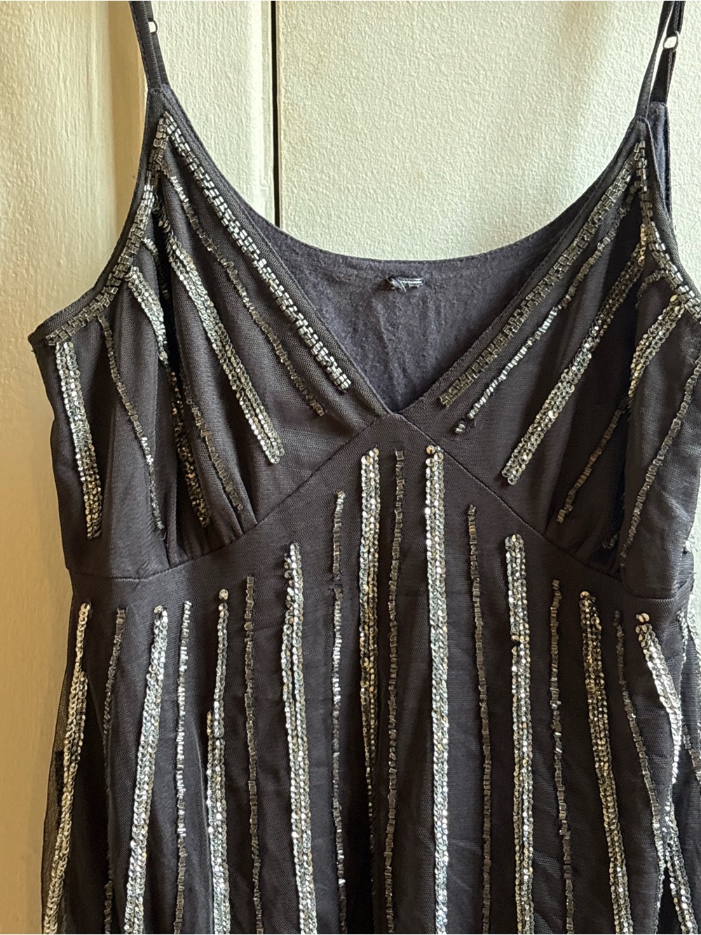 Black Beaded Spaghetti-Strap Evening Tank Top